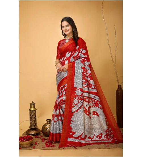 Generic Women's Soft Handloom Cotton Kalamkari Printed Saree With Unstitched Blouse 5.5Mtr (Red)