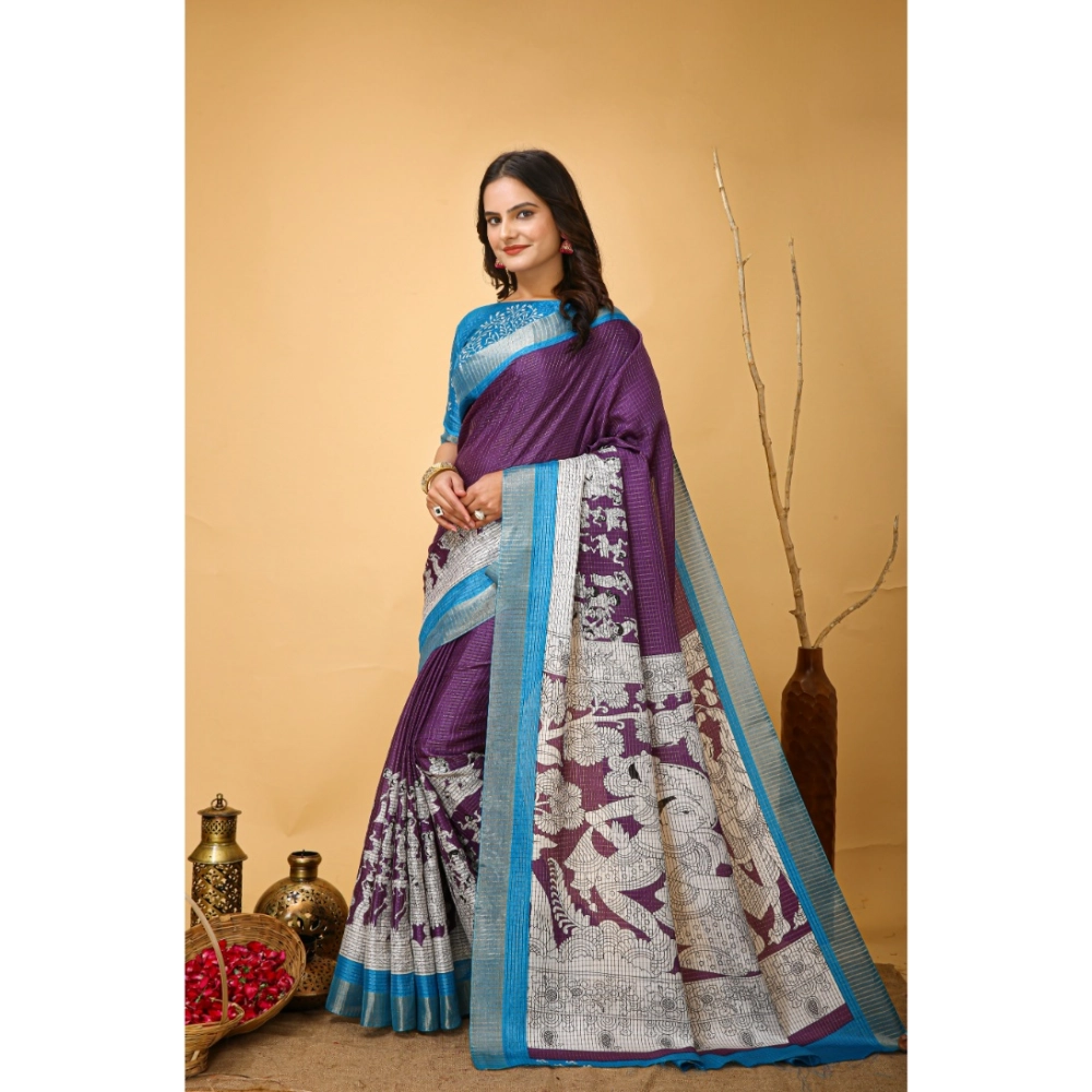 Generic Women's Soft Handloom Cotton Kalamkari Printed Saree With Unstitched Blouse 5.5Mtr (Purple) Generic Women's Soft Handloom Cotton Kalamkari Printed Saree With Unstitched Blouse 5.5Mtr (Purple)