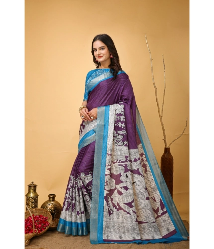 Generic Women's Soft Handloom Cotton Kalamkari Printed Saree With Unstitched Blouse 5.5Mtr (Purple)