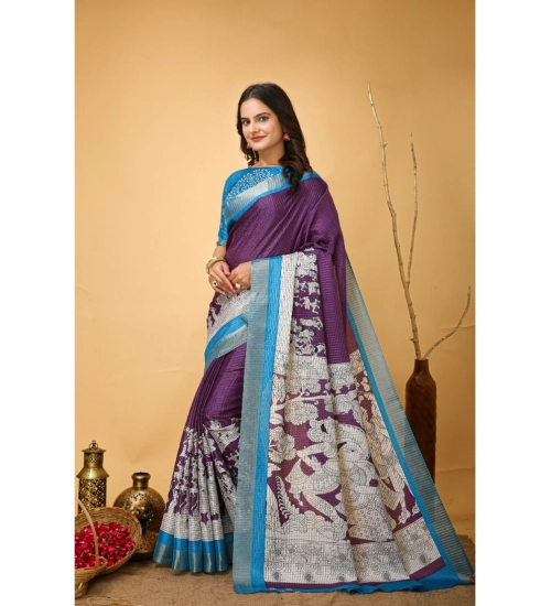 Generic Women's Soft Handloom Cotton Kalamkari Printed Saree With Unstitched Blouse 5.5Mtr (Purple)