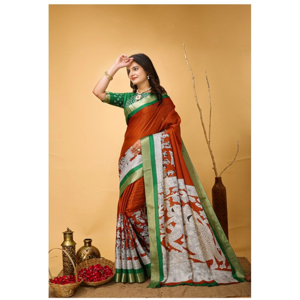 Generic Women's Soft Handloom Cotton Kalamkari Printed Saree With Unstitched Blouse 5.5Mtr (Orange) Generic Women's Soft Handloom Cotton Kalamkari Printed Saree With Unstitched Blouse 5.5Mtr (Orange)