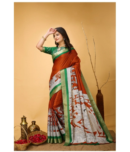 Generic Women's Soft Handloom Cotton Kalamkari Printed Saree With Unstitched Blouse 5.5Mtr (Orange) Generic Women's Soft Handloom Cotton Kalamkari Printed Saree With Unstitched Blouse 5.5Mtr (Orange)