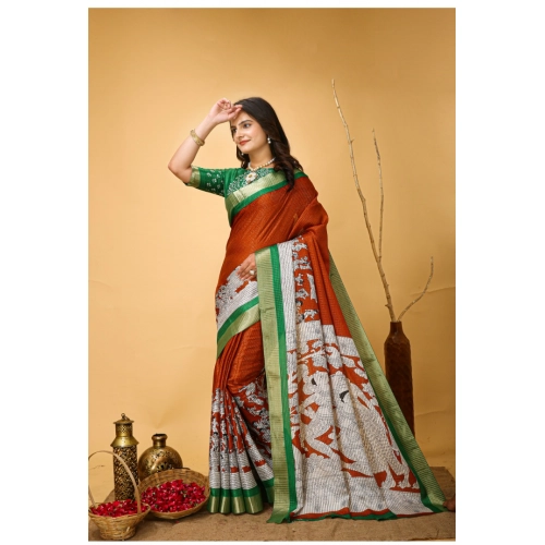 Women's Soft Handloom Cotton Kalamkari Printed Saree With Unstitched Blouse 5.5Mtr (Orange) Women's Soft Handloom Cotton Kalamkari Printed Saree With Unstitched Blouse 5.5Mtr (Orange)