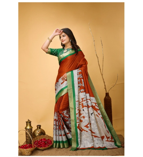 Generic Women's Soft Handloom Cotton Kalamkari Printed Saree With Unstitched Blouse 5.5Mtr (Orange)