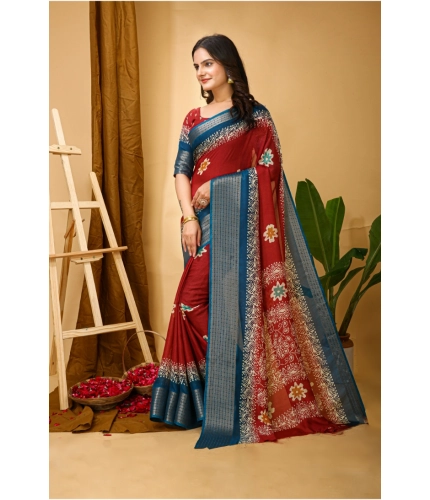 Generic Women's Soft Blooming Marshmallow Fabric Kalamkari Printed Saree With Unstitched Blouse 5.5Mtr (Red)