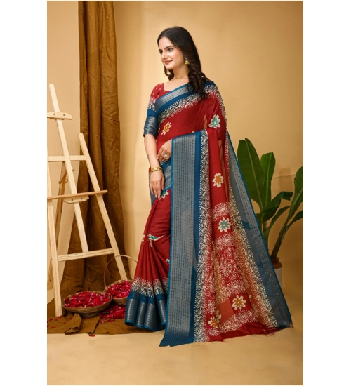 Generic Women's Soft Blooming Marshmallow Fabric Kalamkari Printed Saree With Unstitched Blouse 5.5Mtr (Red)