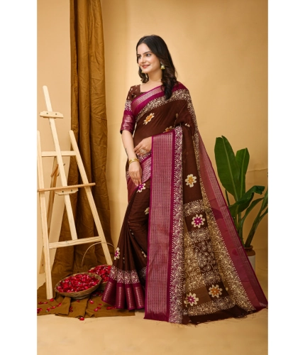 Generic Women's Soft Blooming Marshmallow Fabric Kalamkari Printed Saree With Unstitched Blouse 5.5Mtr (Maroon)