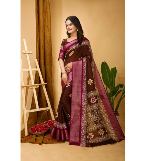 Generic Women's Soft Blooming Marshmallow Fabric Kalamkari Printed Saree With Unstitched Blouse 5.5Mtr (Maroon)