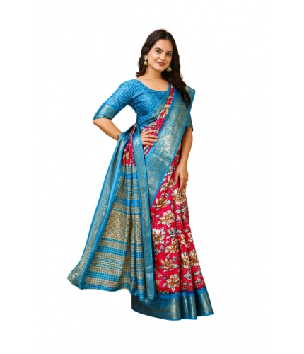 Generic Women's Soft Dola Cotton Kalamkari Printed Saree With Unstitched Blouse 5.5Mtr (Pink)