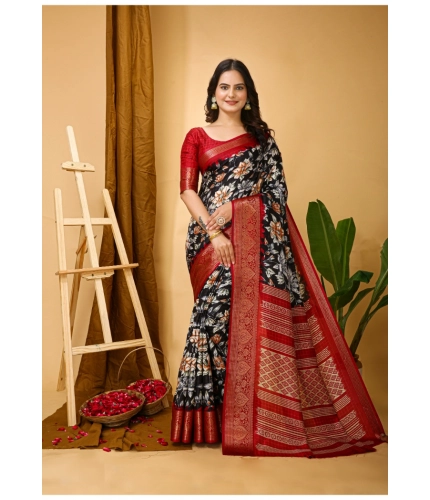 Generic Women's Soft Dola Cotton Kalamkari Printed Saree With Unstitched Blouse 5.5Mtr (Black)