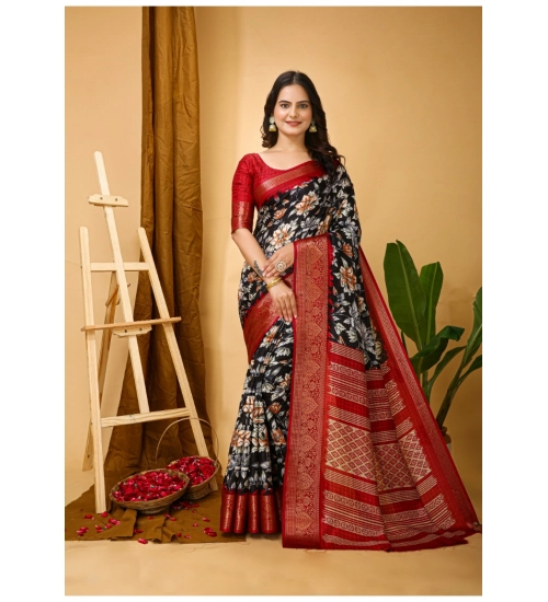 Generic Women's Soft Dola Cotton Kalamkari Printed Saree With Unstitched Blouse 5.5Mtr (Black)
