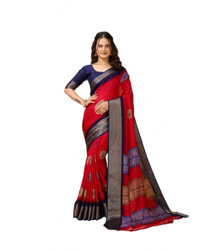 Generic Women's Soft Blooming Marshmallow Fabric Kalamkari Printed Saree With Unstitched Blouse 5.5Mtr (Red)