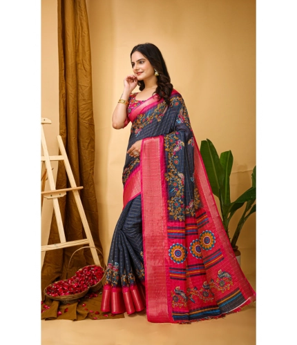 Generic Women's Soft Dola Cotton Kalamkari Printed Saree With Unstitched Blouse 5.5Mtr (Grey)