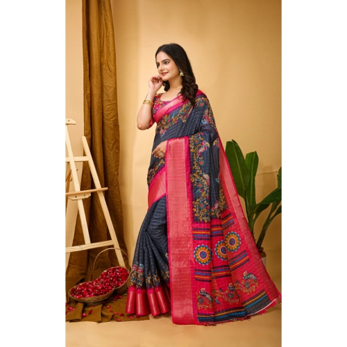 Women's Soft Dola Cotton Kalamkari Printed Saree With Unstitched Blouse 5.5Mtr (Grey) Women's Soft Dola Cotton Kalamkari Printed Saree With Unstitched Blouse 5.5Mtr (Grey)