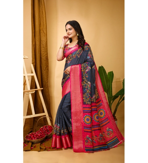 Generic Women's Soft Dola Cotton Kalamkari Printed Saree With Unstitched Blouse 5.5Mtr (Grey)