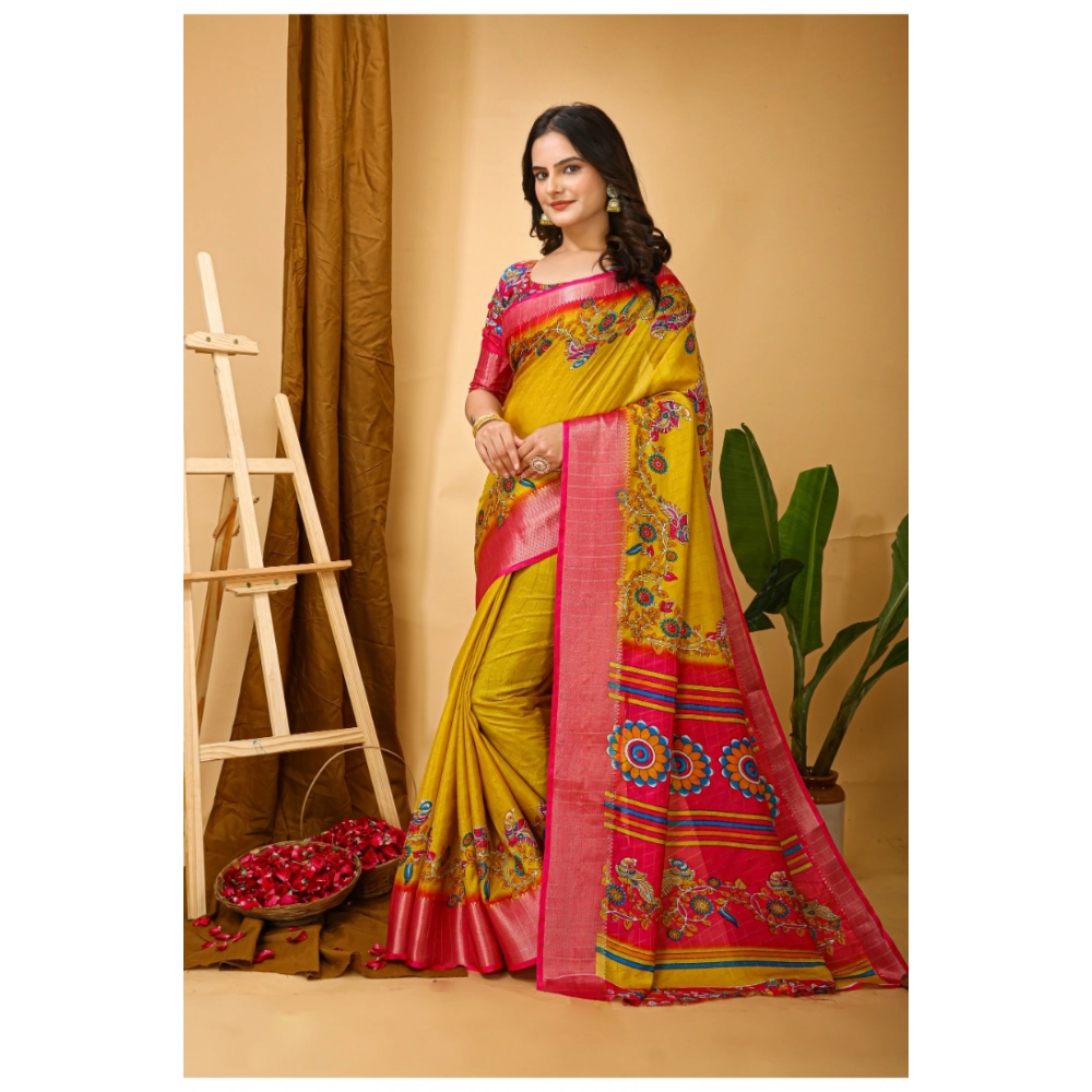 Generic Women's Soft Dola Cotton Kalamkari Printed Saree With Unstitched Blouse 5.5Mtr (Yellow)