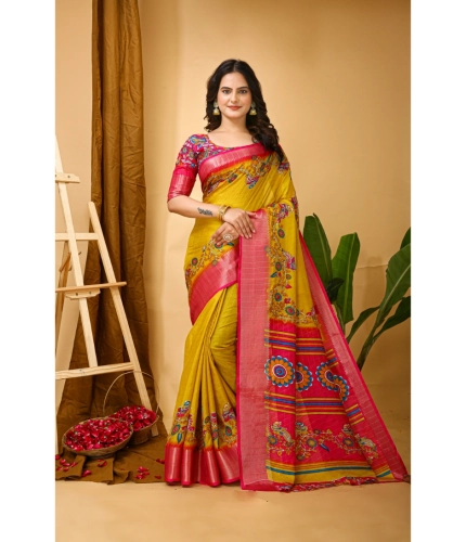 Generic Women's Soft Dola Cotton Kalamkari Printed Saree With Unstitched Blouse 5.5Mtr (Yellow)