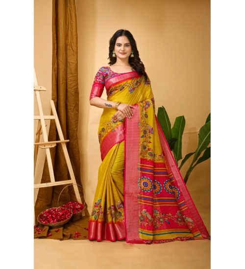 Generic Women's Soft Dola Cotton Kalamkari Printed Saree With Unstitched Blouse 5.5Mtr (Yellow)