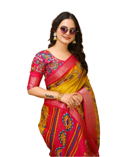 Generic Women's Soft Dola Cotton Kalamkari Printed Saree With Unstitched Blouse 5.5Mtr (Yellow)
