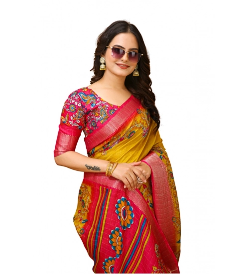 Generic Women's Soft Dola Cotton Kalamkari Printed Saree With Unstitched Blouse 5.5Mtr (Yellow)