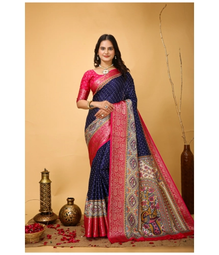 Generic Women's Soft Dola Cotton Kalamkari Printed Saree With Unstitched Blouse 5.5Mtr (Navy Blue)