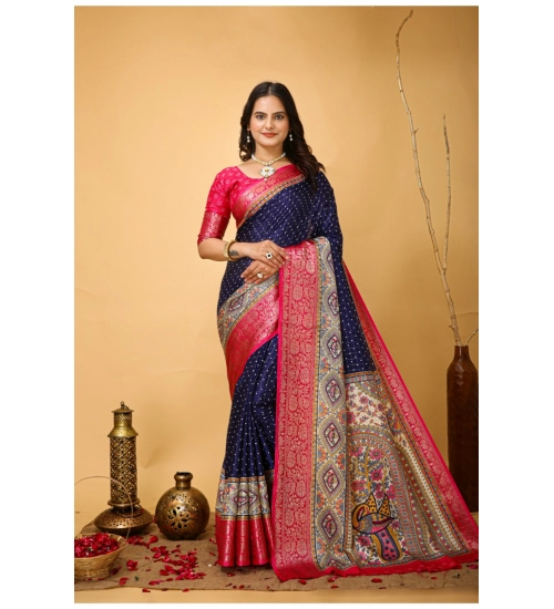 Generic Women's Soft Dola Cotton Kalamkari Printed Saree With Unstitched Blouse 5.5Mtr (Navy Blue)