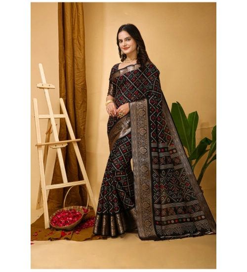 Generic Women's Soft Dola Cotton Kalamkari Printed Saree With Unstitched Blouse 5.5Mtr (Black)