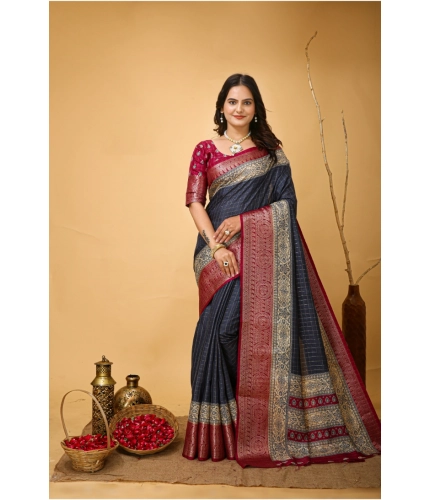 Generic Women's Soft Dola Cotton Kalamkari Printed Saree With Unstitched Blouse 5.5Mtr (Grey)