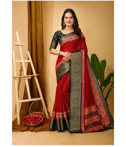 Generic Women's Soft Dola Cotton Kalamkari Printed Saree With Unstitched Blouse 5.5Mtr (Red)