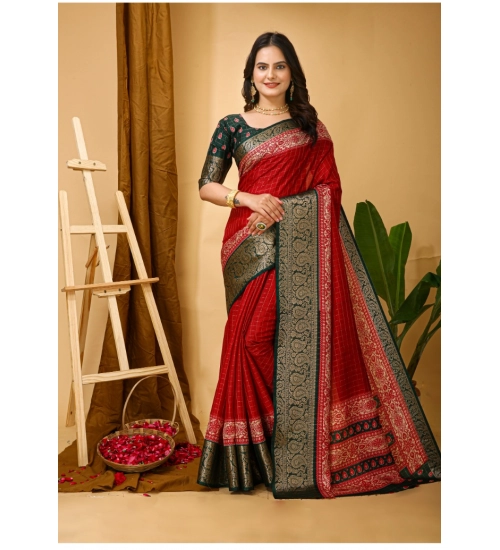 Generic Women's Soft Dola Cotton Kalamkari Printed Saree With Unstitched Blouse 5.5Mtr (Red)