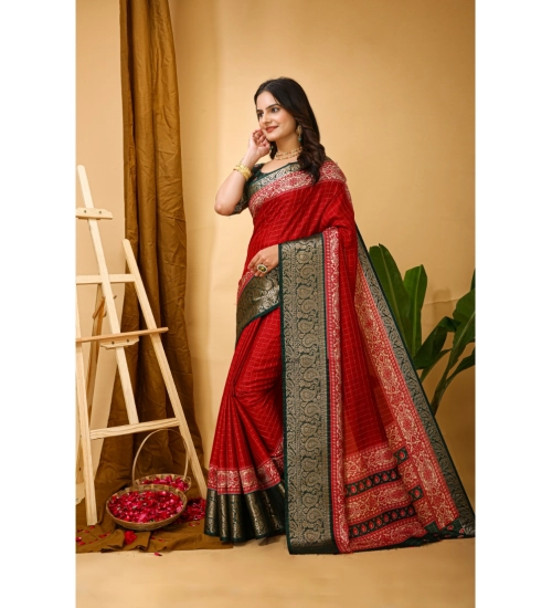 Generic Women's Soft Dola Cotton Kalamkari Printed Saree With Unstitched Blouse 5.5Mtr (Red)