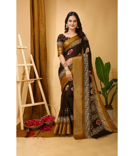 Generic Women's Soft Blooming Marshmallow Fabric Kalamkari Printed Saree With Unstitched Blouse 5.5Mtr (Brown)