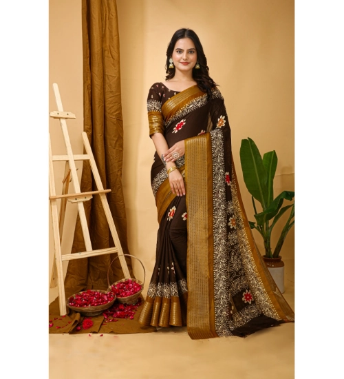 Generic Women's Soft Blooming Marshmallow Fabric Kalamkari Printed Saree With Unstitched Blouse 5.5Mtr (Brown)