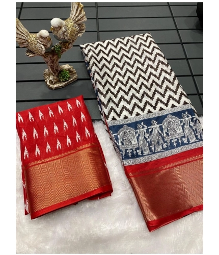 Generic Women's Soft Dola Cotton Kalamkari Printed Saree With Unstitched Blouse 5.5Mtr (Red)