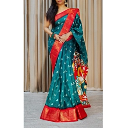 Generic Women's Soft Dola Cotton Kalamkari Printed Saree With Unstitched Blouse 5.5Mtr (Blue)