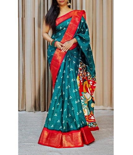 Generic Women's Soft Dola Cotton Kalamkari Printed Saree With Unstitched Blouse 5.5Mtr (Blue)