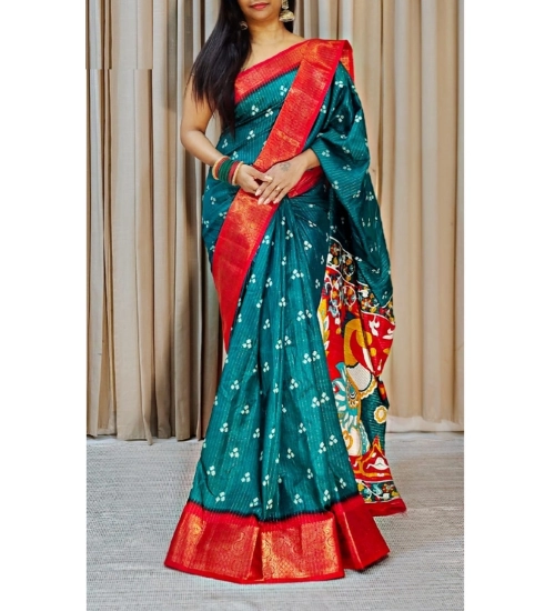 Generic Women's Soft Dola Cotton Kalamkari Printed Saree With Unstitched Blouse 5.5Mtr (Blue)