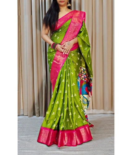 Generic Women's Soft Dola Cotton Kalamkari Printed Saree With Unstitched Blouse 5.5Mtr (Green)