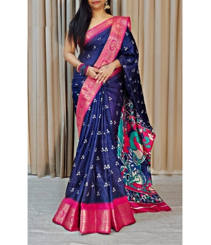 Generic Women's Soft Dola Cotton Kalamkari Printed Saree With Unstitched Blouse 5.5Mtr (Navy Blue)