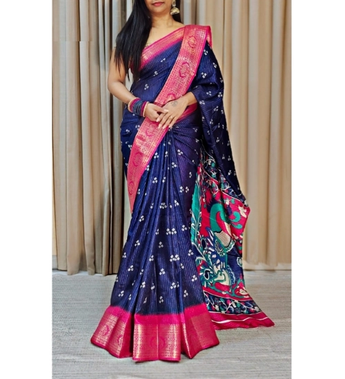 Generic Women's Soft Dola Cotton Kalamkari Printed Saree With Unstitched Blouse 5.5Mtr (Navy Blue)
