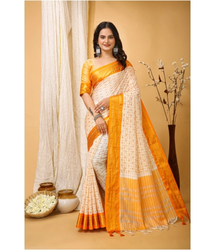 Generic Women's Soft Cotton Silk Printed Saree With Unstitched Blouse 5.5Mtr (Yellow)