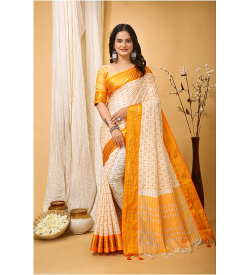 Generic Women's Soft Cotton Silk Printed Saree With Unstitched Blouse 5.5Mtr (Yellow)