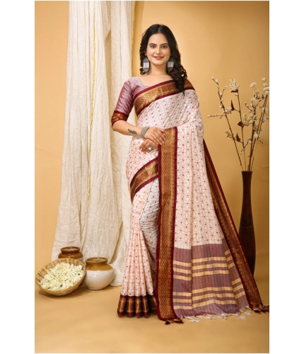 Generic Women's Soft Cotton Silk Printed Saree With Unstitched Blouse 5.5Mtr (Maroon)