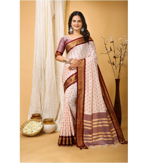 Generic Women's Soft Cotton Silk Printed Saree With Unstitched Blouse 5.5Mtr (Maroon)