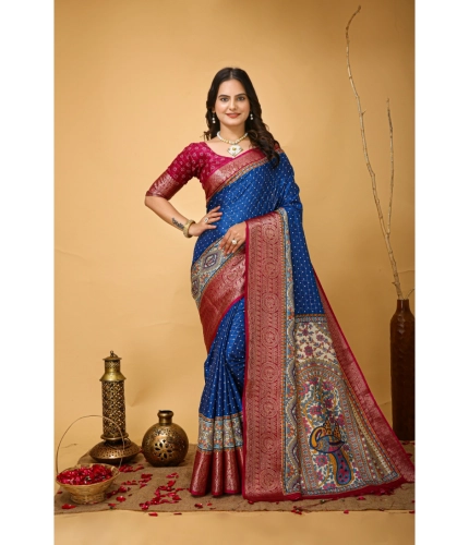 Generic Women's Soft Dola Cotton Kalamkari Printed Saree With Unstitched Blouse 5.5Mtr (Blue)