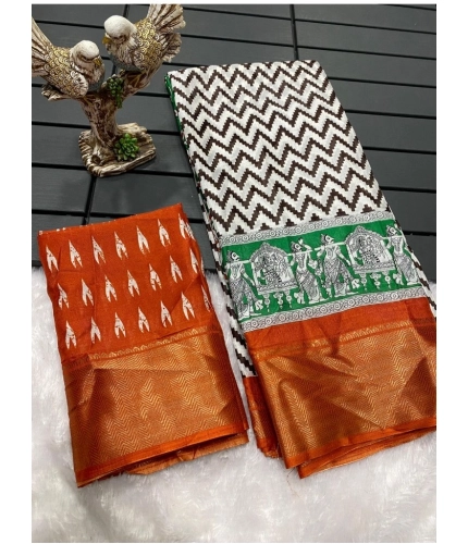 Generic Women's Soft Dola Cotton Kalamkari Printed Saree With Unstitched Blouse 5.5Mtr (Orange)