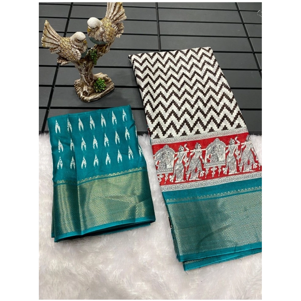 Generic Women's Soft Dola Cotton Kalamkari Printed Saree With Unstitched Blouse 5.5Mtr (Turquoise) Generic Women's Soft Dola Cotton Kalamkari Printed Saree With Unstitched Blouse 5.5Mtr (Turquoise)