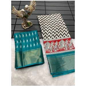 Generic Women's Soft Dola Cotton Kalamkari Printed Saree With Unstitched Blouse 5.5Mtr (Turquoise)