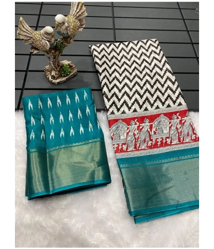 Generic Women's Soft Dola Cotton Kalamkari Printed Saree With Unstitched Blouse 5.5Mtr (Turquoise)