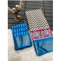 Generic Women's Soft Dola Cotton Kalamkari Printed Saree With Unstitched Blouse 5.5Mtr (Sky Blue)